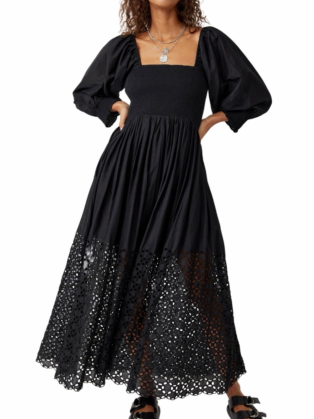 Free People Perfect Storm Smocked Eyelet Long Sleeve Maxi Dress